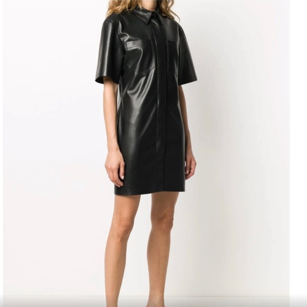 NANUSHKA “Berto” Vegan‎ Leather Collared Button-down Shirtdress in Black - Picture 3 of 15
